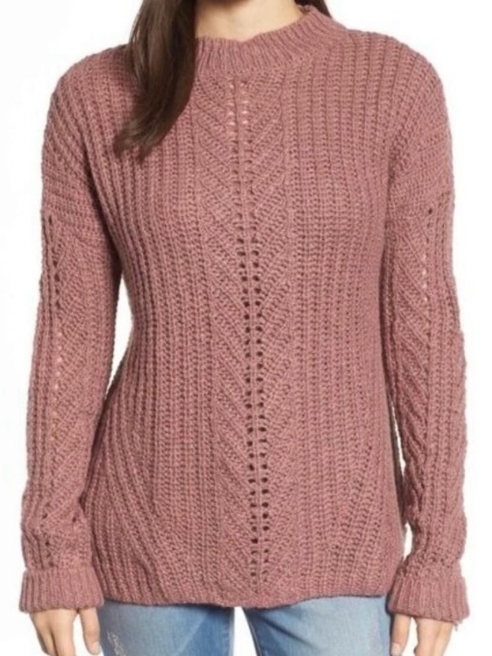 Lucky Brand Sweater Size Small Pink Open Knit Mock Neck Top Boho Forest Fairy